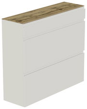 Moderner Hängeschuhschrank mit drei Schubladen in Weiß und einer Holzoberfläche, seitliche Perspektive