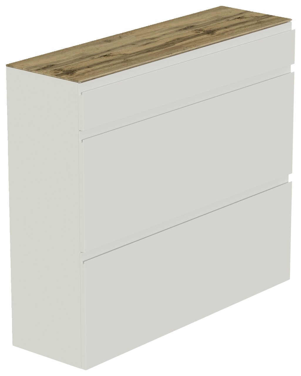 Moderner Hängeschuhschrank mit drei Schubladen in Weiß und einer Holzoberfläche, seitliche Perspektive