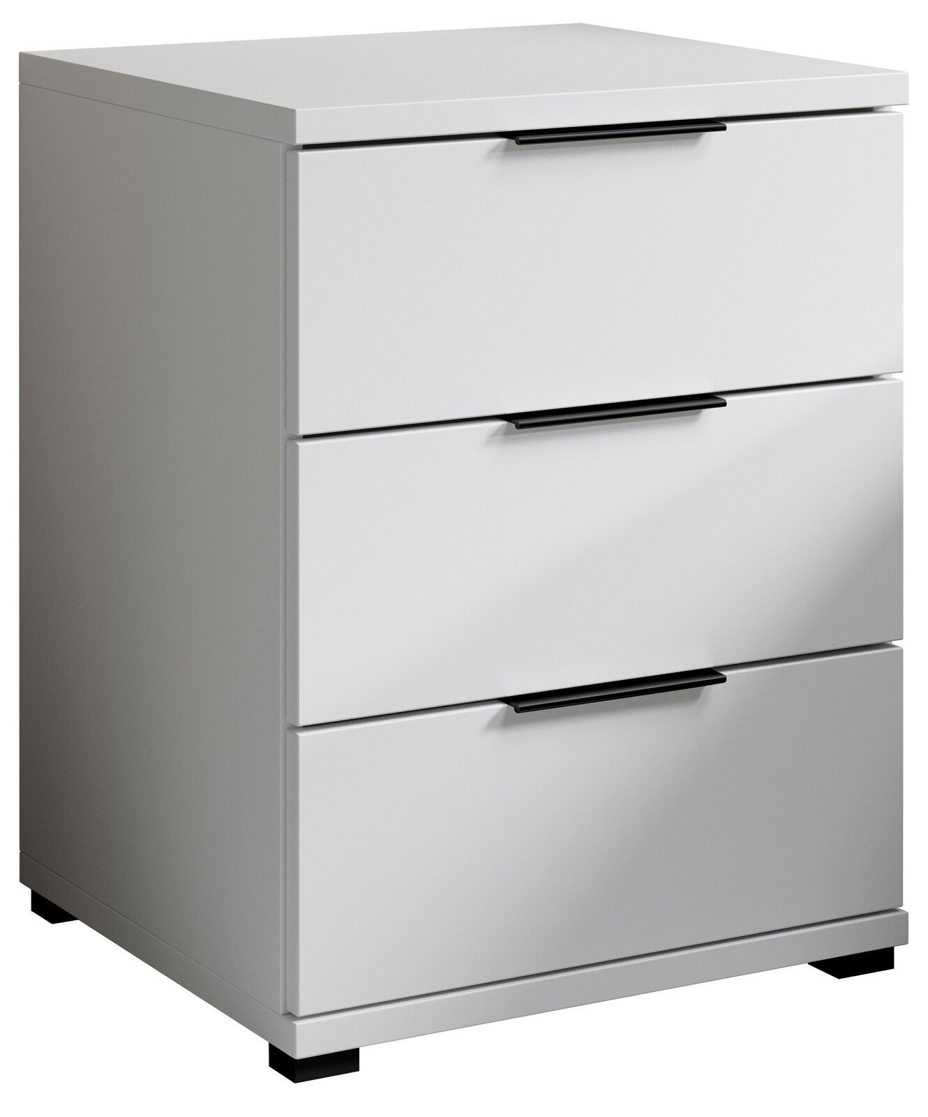 Weiße Nachtkommode mit drei Schubladen und schwarzen Griffen, seitliche Perspektive