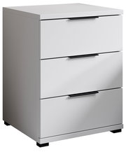 Weiße Nachtkommode mit drei Schubladen und schwarzen Griffen, seitliche Perspektive