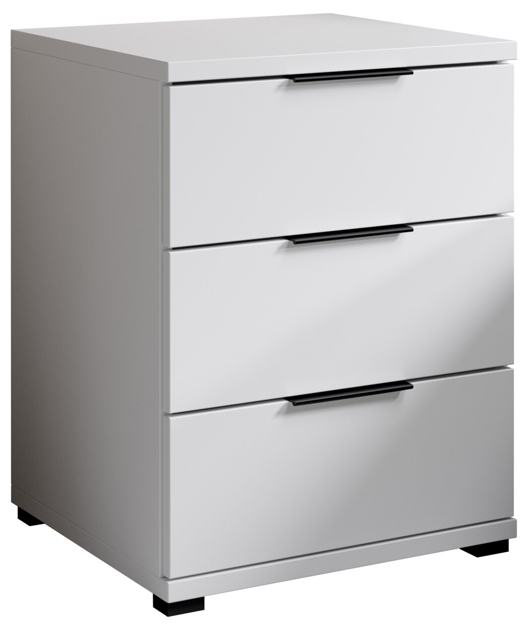 Weiße Nachtkommode mit drei Schubladen und schwarzen Griffen, seitliche Perspektive