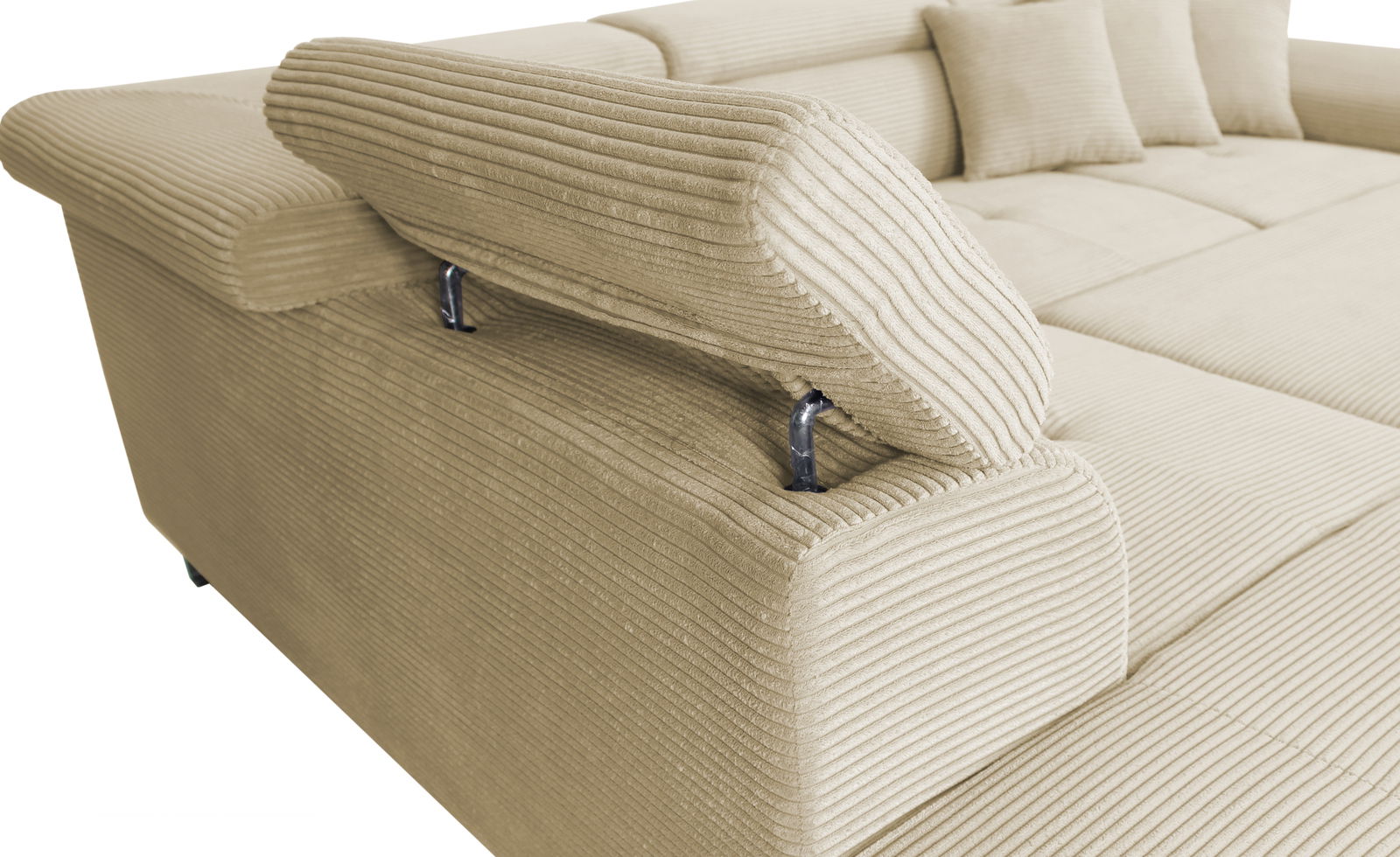 Nahaufnahme einer beige gestreiften Rundecke mit verstellbarer Rückenlehne, seitliche Perspektive.