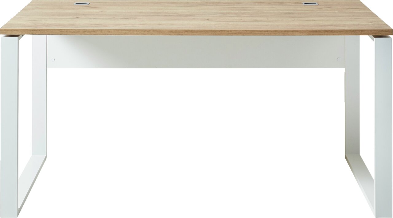 MID.YOU Schreibtisch LIONI Moderner Schreibtisch mit Holzoberfläche und weißen Metallbeinen, Frontalansicht