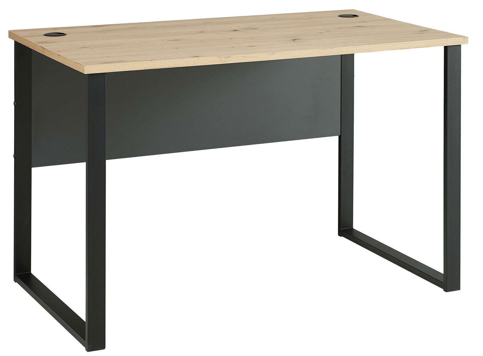 Moderner schmaler Schreibtisch mit Holzplatte und schwarzem Metallgestell, seitliche Perspektive