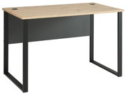 Moderner schmaler Schreibtisch mit Holzplatte und schwarzem Metallgestell, seitliche Perspektive