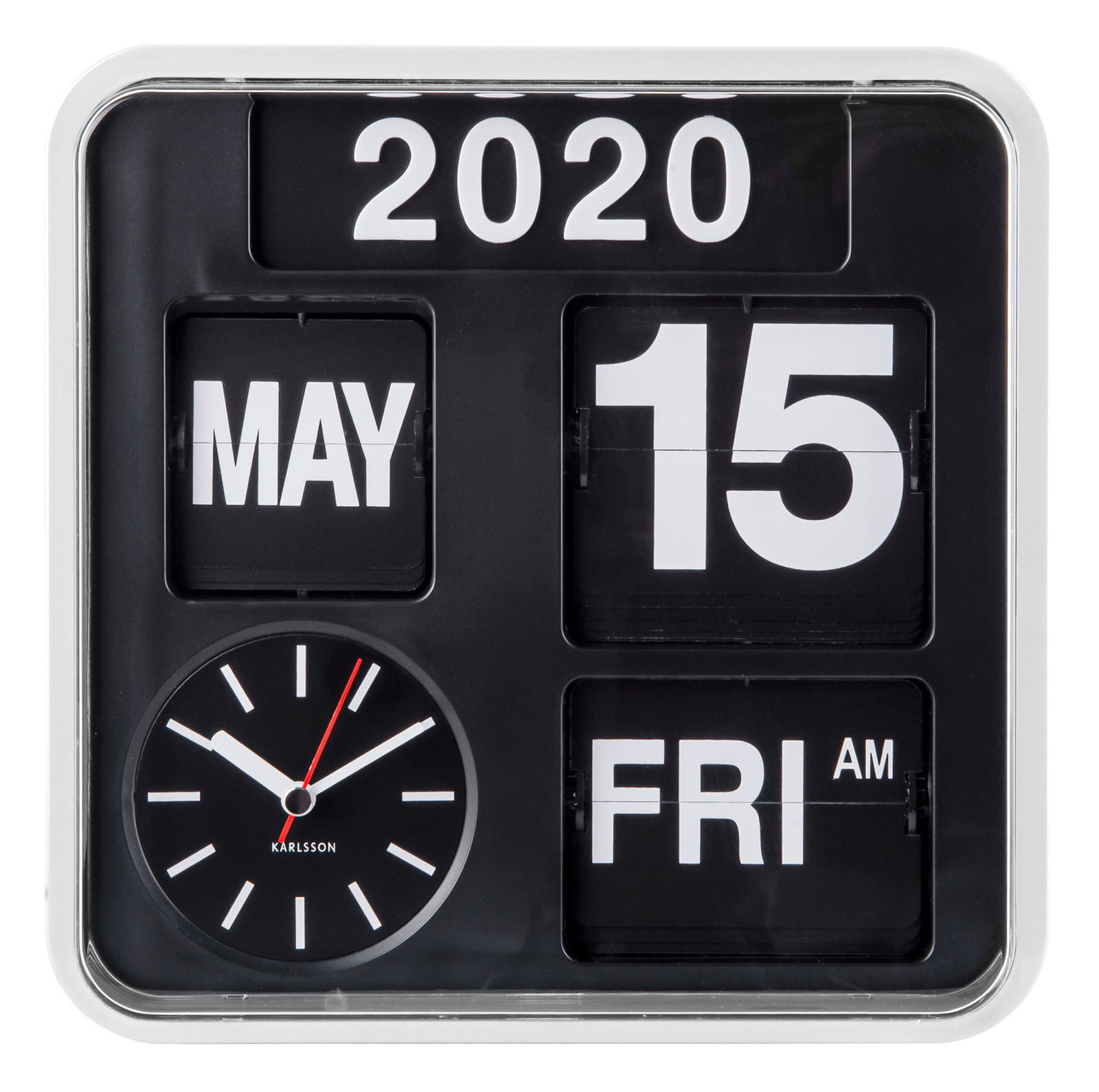 Wanduhr im Retro-Stil mit Datumsanzeige, zeigt den 15. Mai 2020, Freitag, aus frontaler Perspektive