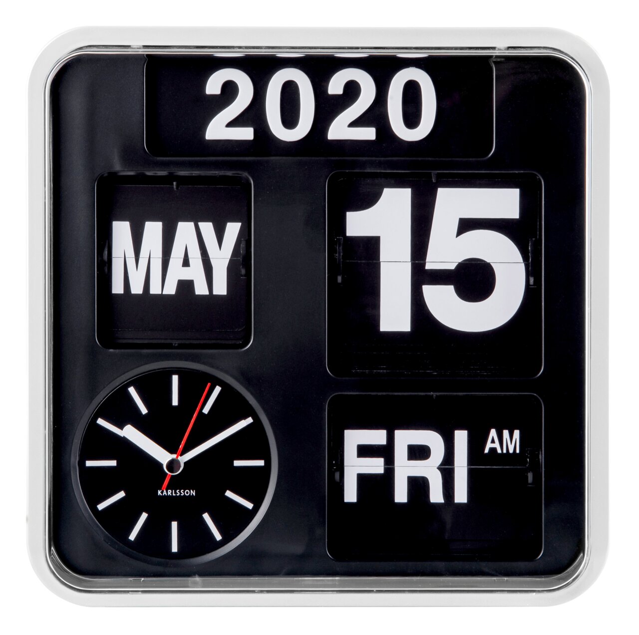 Wanduhr im Retro-Stil mit Datumsanzeige, zeigt den 15. Mai 2020, Freitag, aus frontaler Perspektive