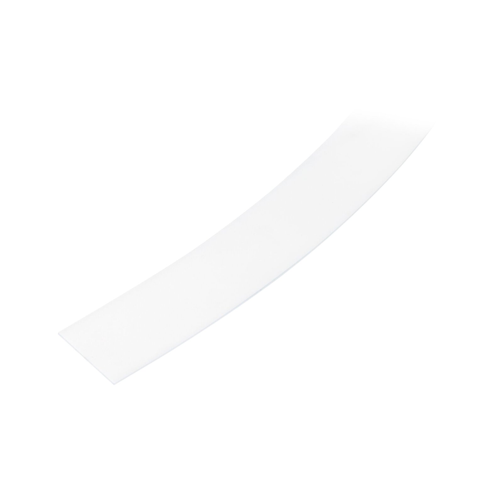 Transparentes, gebogenes Kunststoff-/Acrylband als Zubehörteil, freigestellt auf weißem Hintergrund, in schräger Draufsicht (leicht von oben).
