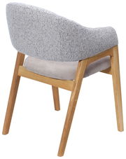 Rückansicht eines modernen Armlehnstuhls mit grauem Stoffbezug und Holzbeinen.