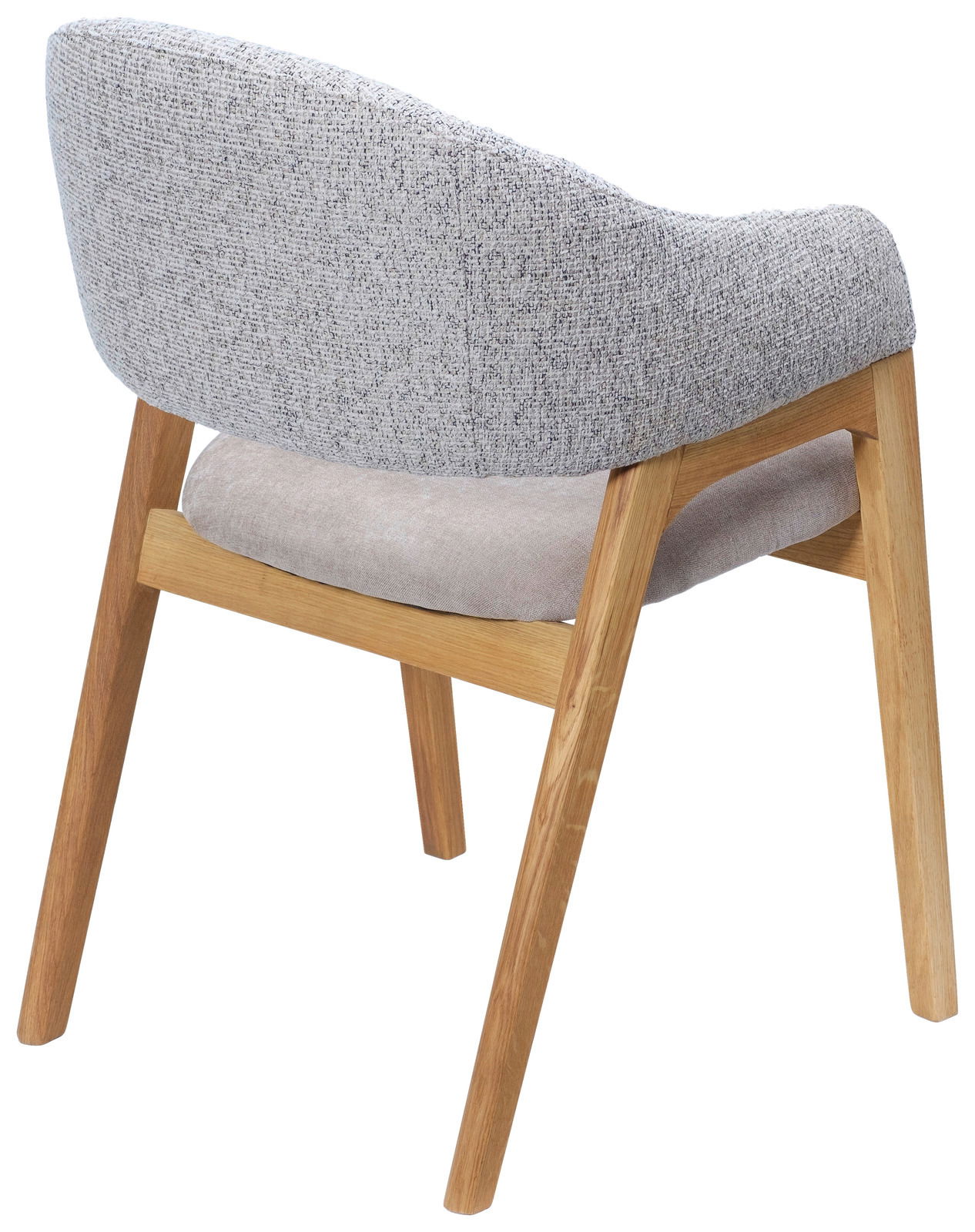 Rückansicht eines modernen Armlehnstuhls mit grauem Stoffbezug und Holzbeinen.