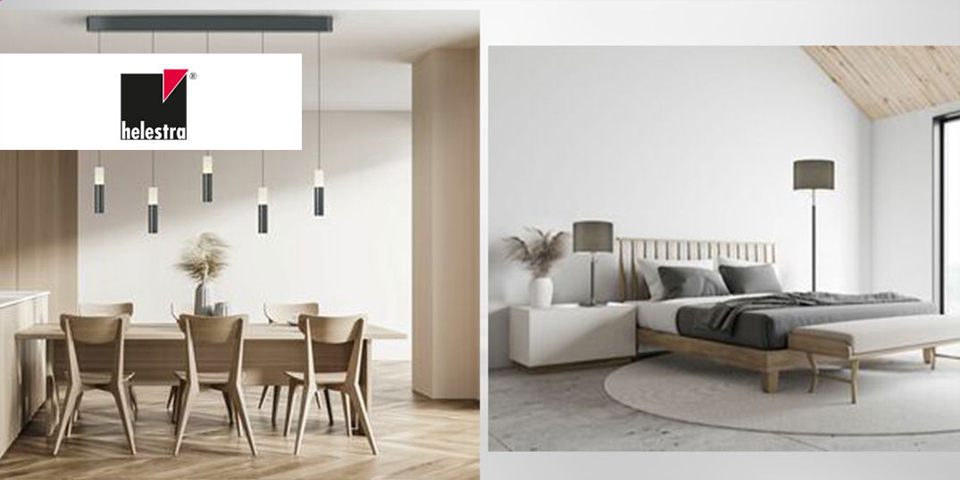 Ein heller Essbereich mit Holzmöbeln und modernen Pendelleuchten sowie ein gemütliches Schlafzimmer mit einem Bett aus hellem Holz und weißen Nachttischschränken.