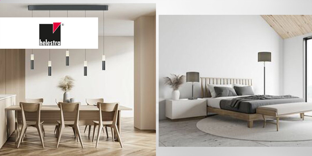 Ein heller Essbereich mit Holzmöbeln und modernen Pendelleuchten sowie ein gemütliches Schlafzimmer mit einem Bett aus hellem Holz und weißen Nachttischschränken.