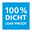 Blaues Quadrat mit weißem Text '100% DICHT LEAK-PROOF', Vorderansicht