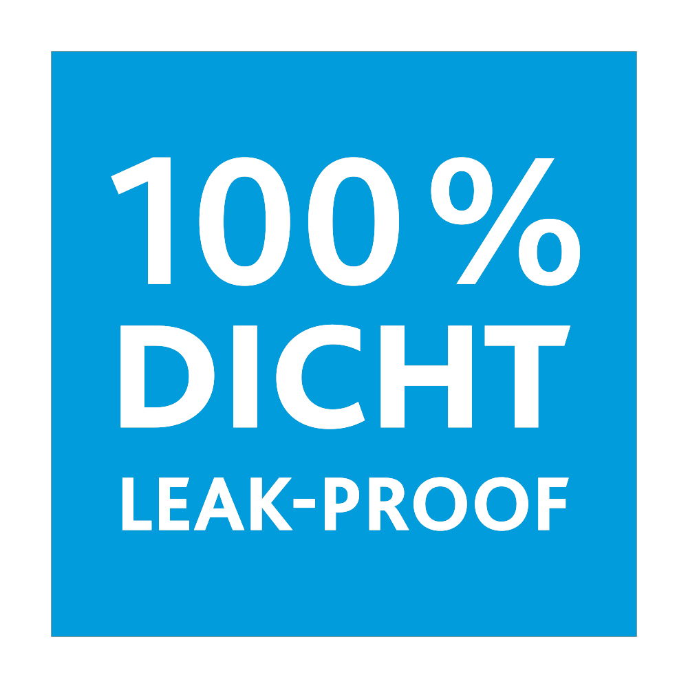 Blaues Quadrat mit weißem Text '100% DICHT LEAK-PROOF', Vorderansicht