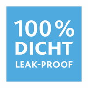 Blaues Quadrat mit weißem Text '100% DICHT LEAK-PROOF', Vorderansicht