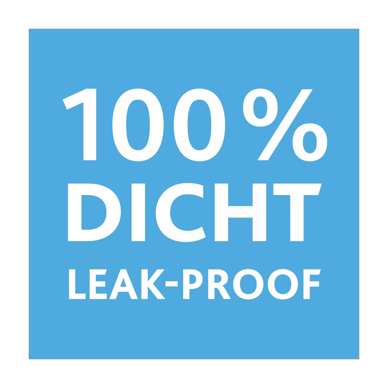 Blaues Quadrat mit weißem Text '100% DICHT LEAK-PROOF', Vorderansicht