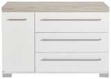 Weiße Kommode mit drei Schubladen und einer Tür, Holzoberfläche, Frontalansicht