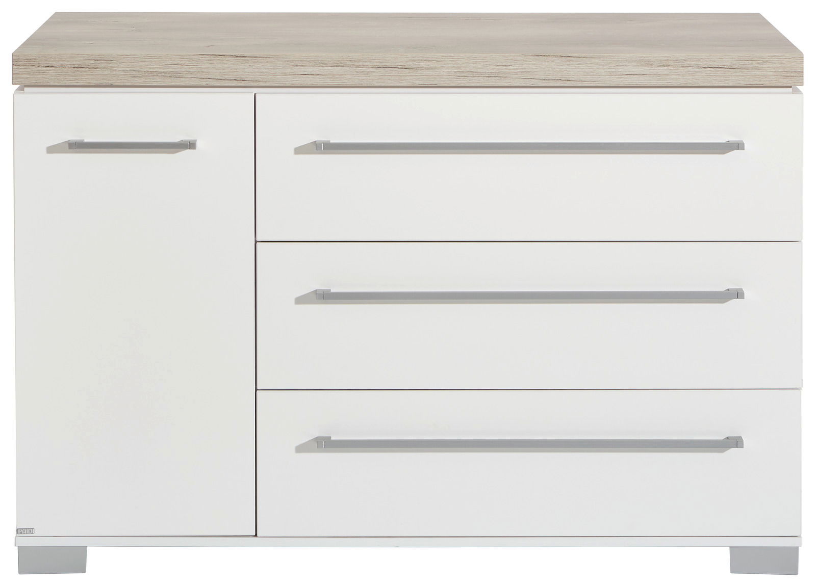 Weiße Kommode mit drei Schubladen und einer Tür, Holzoberfläche, Frontalansicht