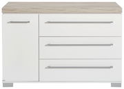 Weiße Kommode mit drei Schubladen und einer Tür, Holzoberfläche, Frontalansicht