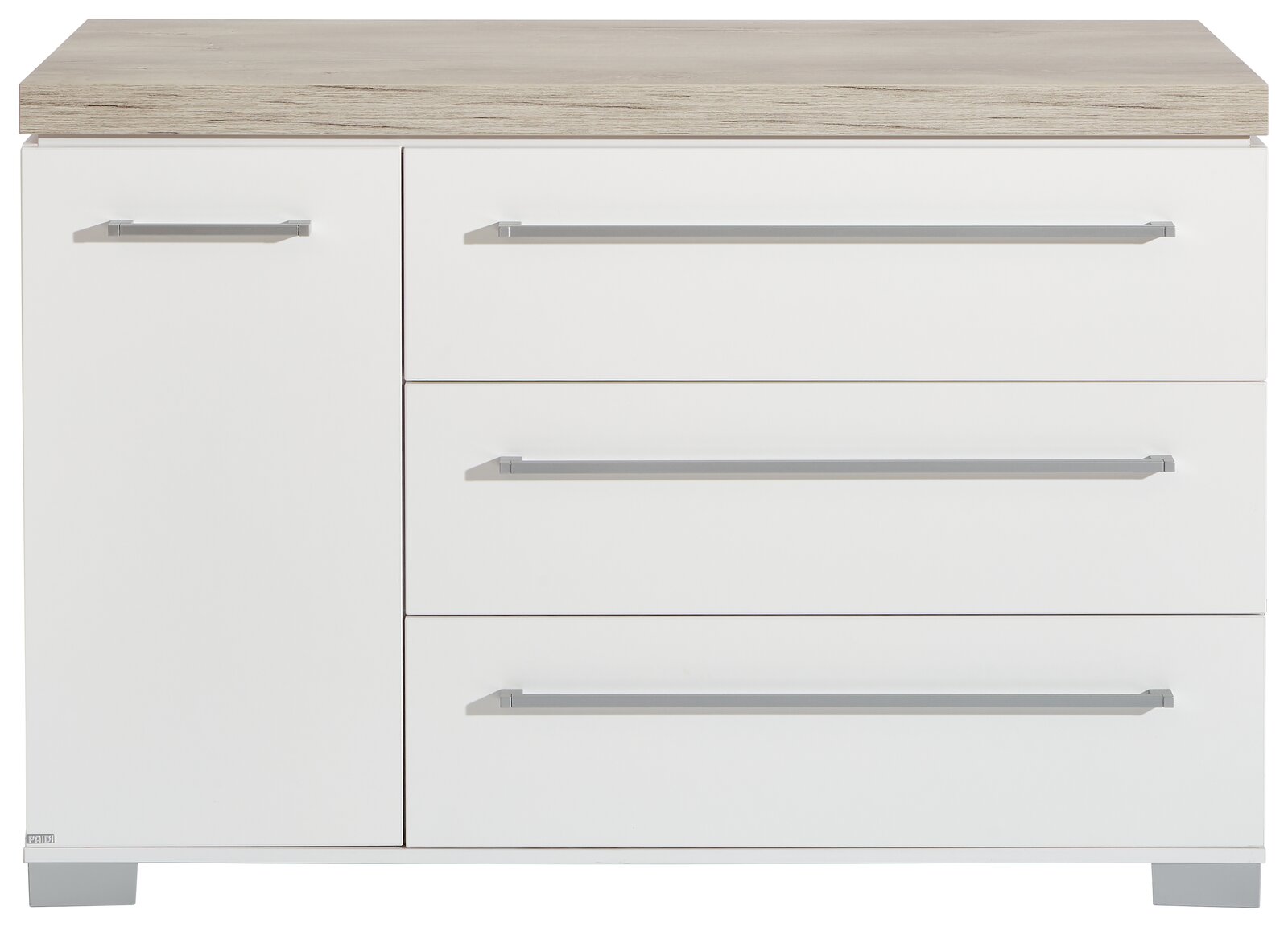 Paidi Kommode KIRA Weiße Kommode mit drei Schubladen und einer Tür, Holzoberfläche, Frontalansicht