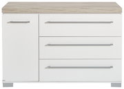 Weiße Kommode mit drei Schubladen und einer Tür, Holzoberfläche, Frontalansicht
