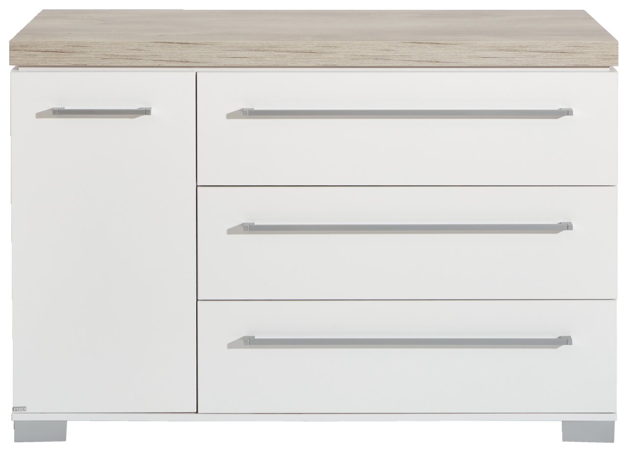 Paidi Kommode KIRA Weiße Kommode mit drei Schubladen und einer Tür, Holzoberfläche, Frontalansicht