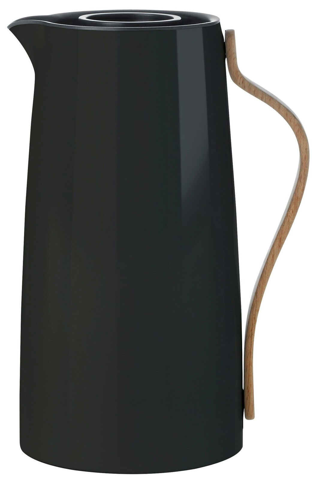 Schwarze Emma Isolierkanne mit elegantem Holzgriff, seitliche Perspektive