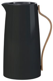 Schwarze Emma Isolierkanne mit elegantem Holzgriff, seitliche Perspektive