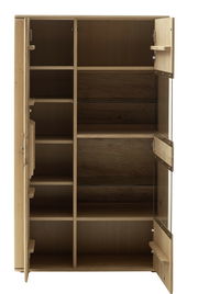 Geöffnetes Highboard aus Holz mit mehreren Regalfächern, frontale Ansicht.