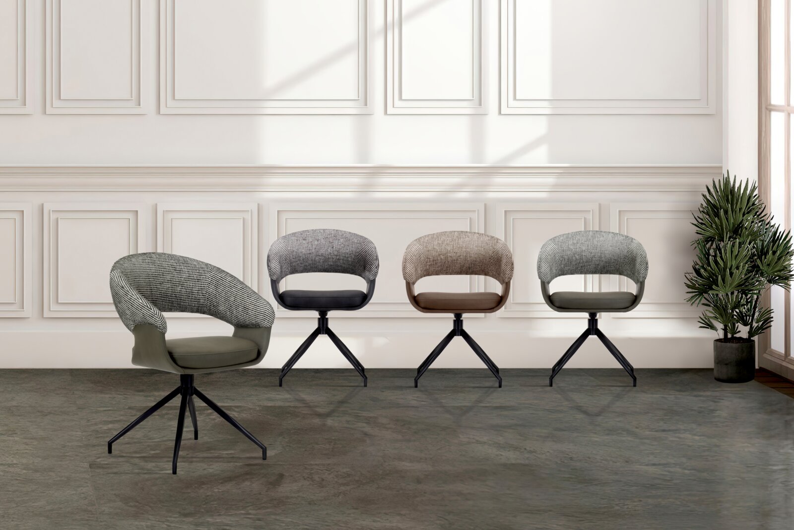 Vier moderne fauteuils in verschillende kleuren, gezien vanaf de voorkant in een elegante ruimte met lambrisering en planten.