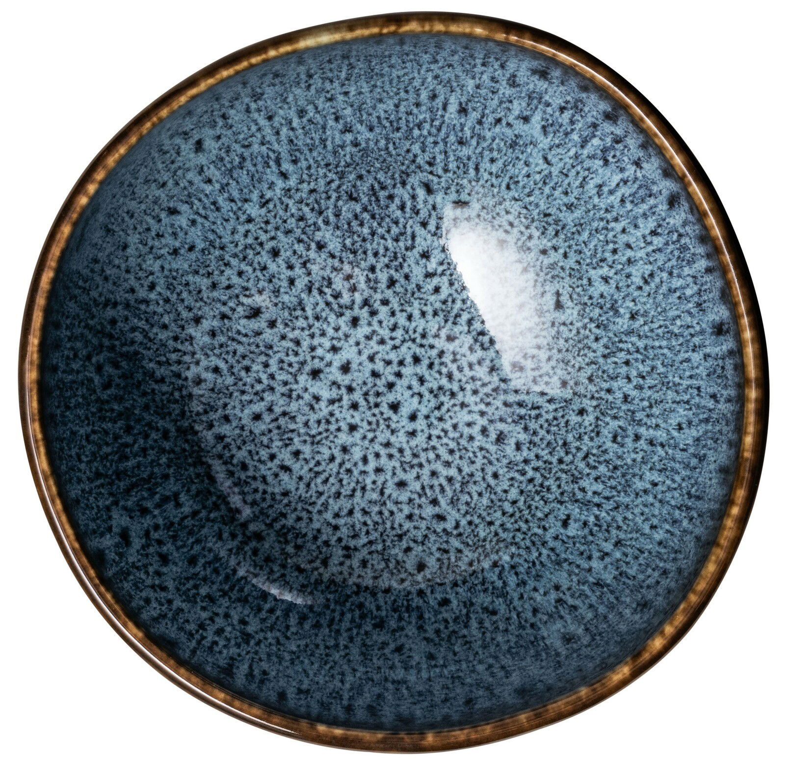 Blaue Müslischale Lave, Draufsicht, 280ml, mit gesprenkeltem Design und braunem Rand.