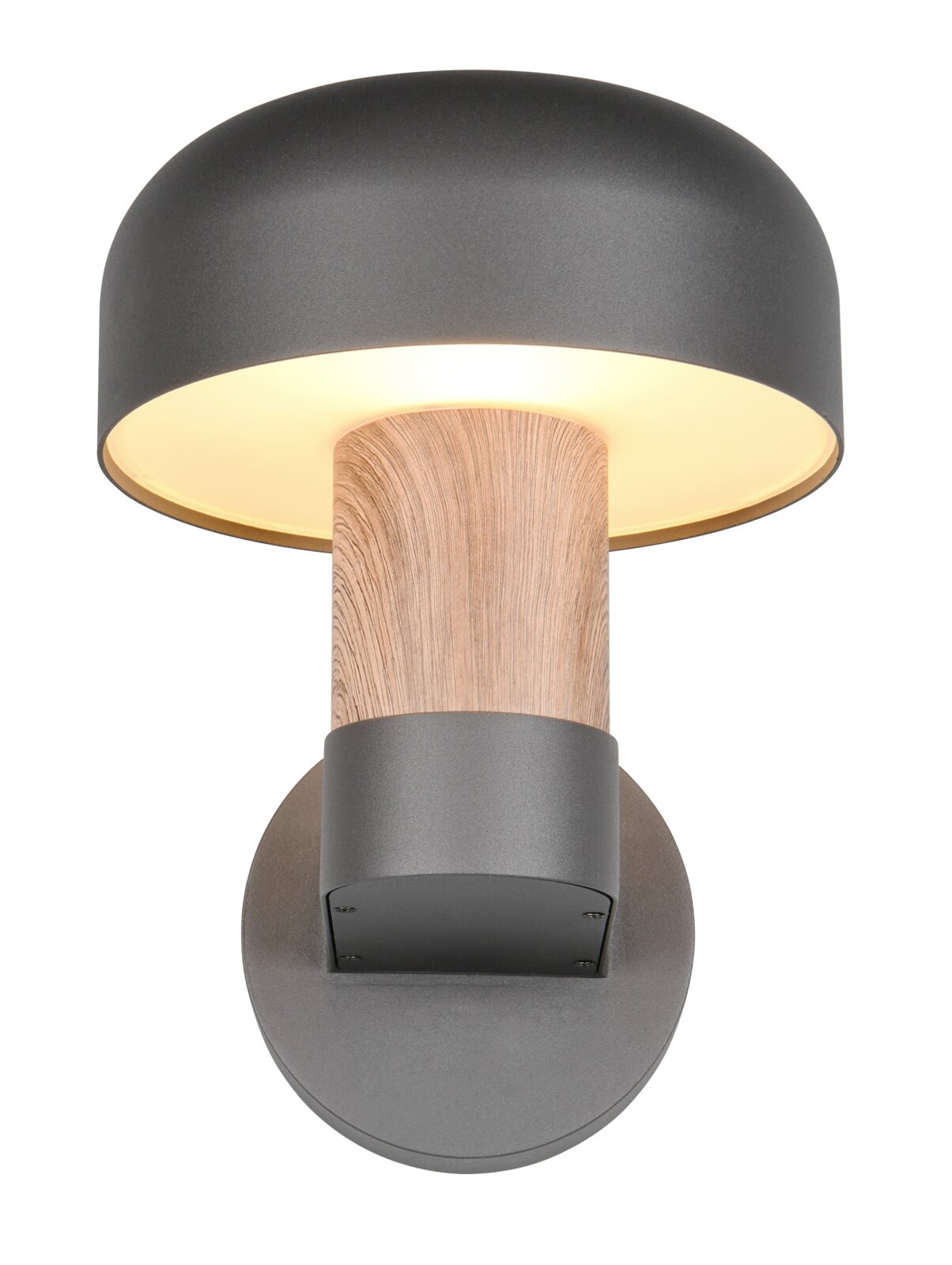 Moderne LED-buitenwandlamp met zwarte kap en houtlook, vooraanzicht