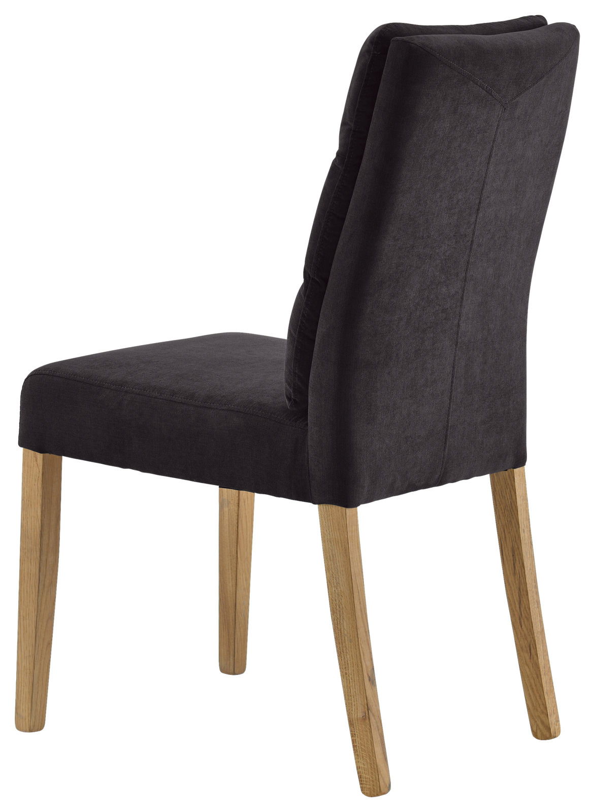 Moderner Stuhl mit schwarzem Polster und Holzbeinen, seitliche Rückansicht