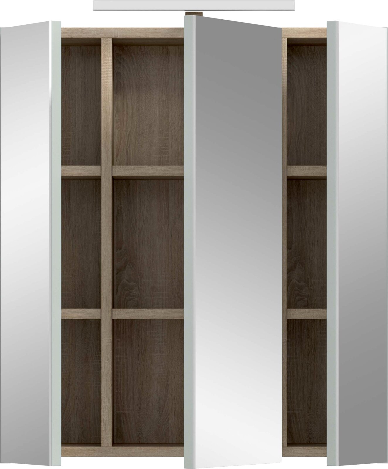 Badezimmerspiegelschrank mit drei Spiegeltüren und weißem Korpus, geöffnet mit sichtbaren Holzdekor-Innenfächern, frontale Ansicht