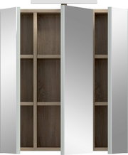 Badezimmerspiegelschrank mit drei Spiegeltüren und weißem Korpus, geöffnet mit sichtbaren Holzdekor-Innenfächern, frontale Ansicht