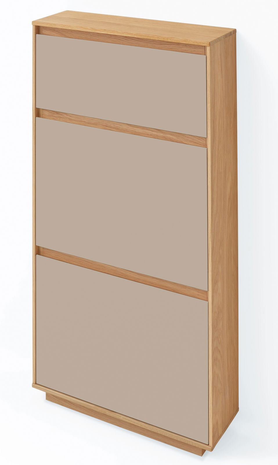 Moderner Schuhschrank aus Holz mit drei Klappen, seitliche Perspektive
