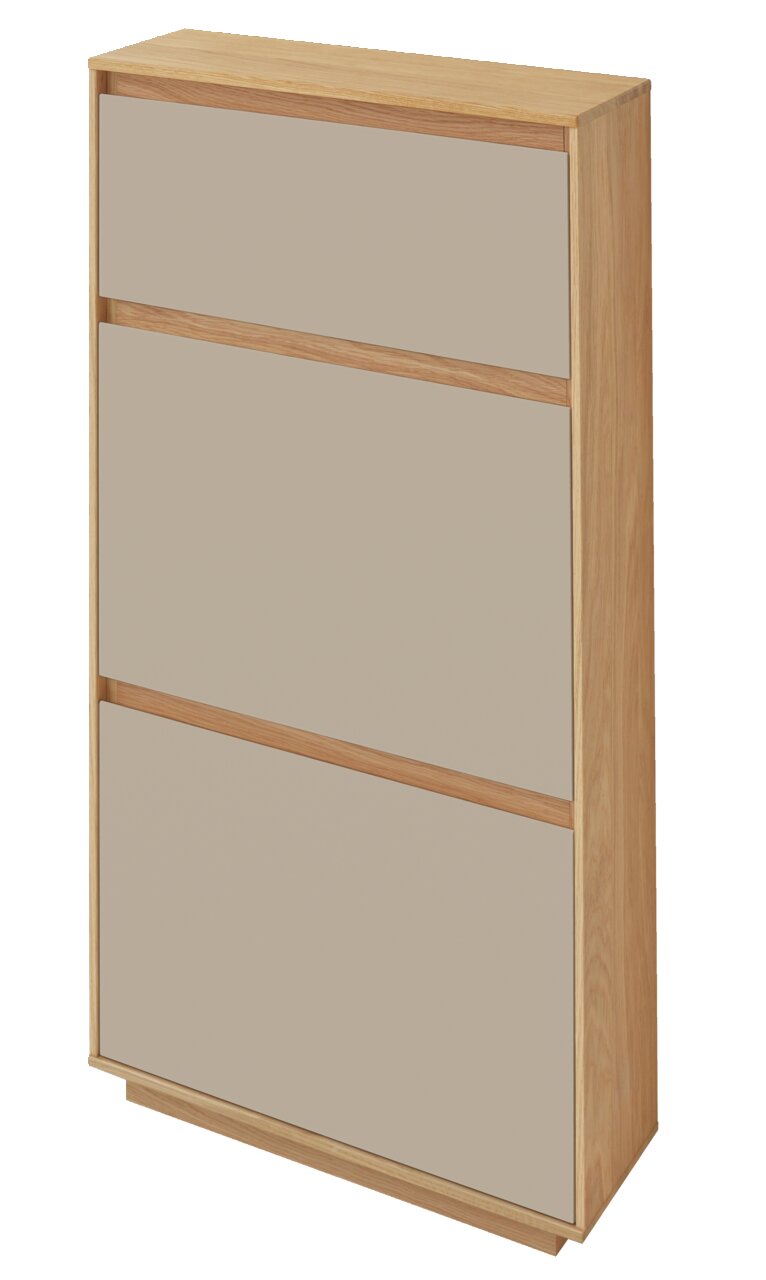 Moderner Schuhschrank aus Holz mit drei Klappen, seitliche Perspektive
