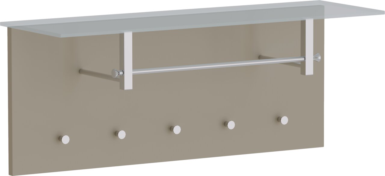Moderano Garderobepaneel dwars LECCO Garderobenpaneel quer mit fünf Haken, einer Kleiderstange und einer Glasablage, seitliche Perspektive