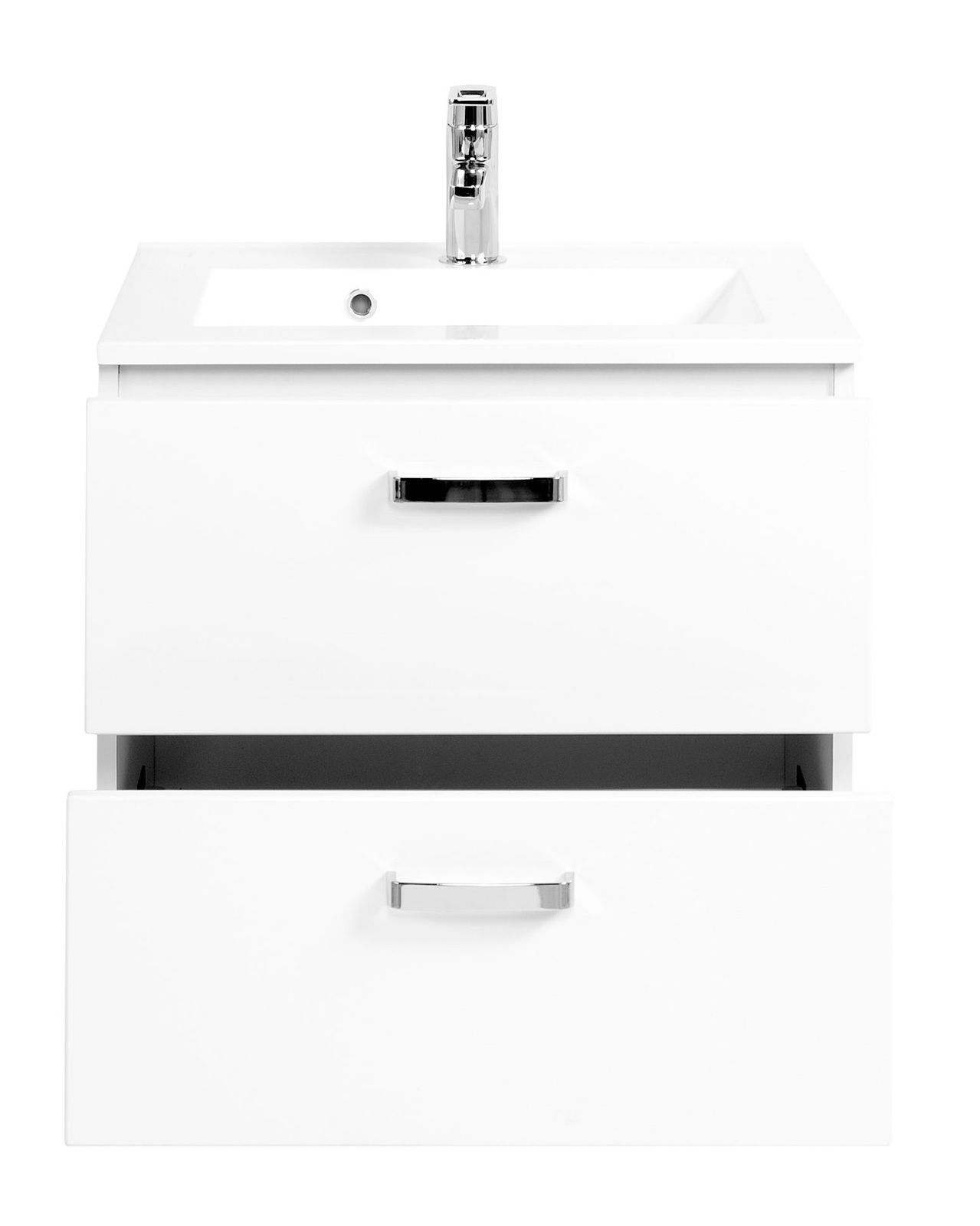 Moderner weißer Waschplatz mit zwei Schubladen und Chromarmaturen, Frontalansicht