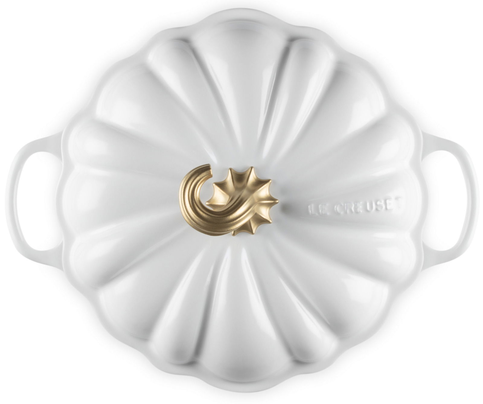 Weißer Kürbis-Bräter mit goldfarbenem Griff, Draufsicht