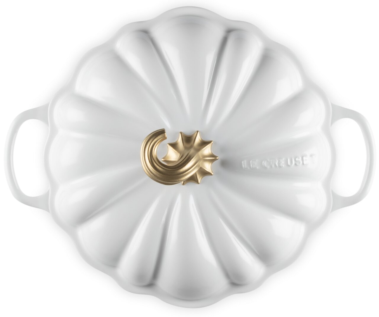 Weißer Kürbis-Bräter mit goldfarbenem Griff, Draufsicht