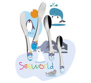Kinderbesteck SEAWORLD 4-tlg. mit bunten Meeresmotiven, bestehend aus Messer, Gabel, Löffel und Teelöffel, von oben fotografiert.