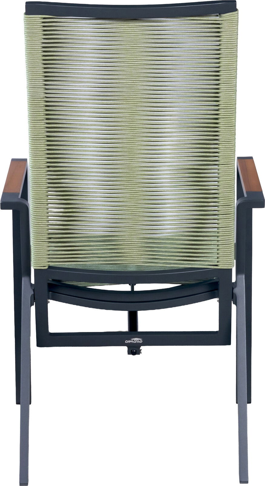 Gartenstuhl mit dunkelgrauem Gestell, Holz-Armlehnen und olivgrüner Seilbespannung an der Rückenlehne, Rückansicht (gerade von hinten)