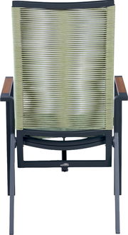 Gartenstuhl mit dunkelgrauem Gestell, Holz-Armlehnen und olivgrüner Seilbespannung an der Rückenlehne, Rückansicht (gerade von hinten)