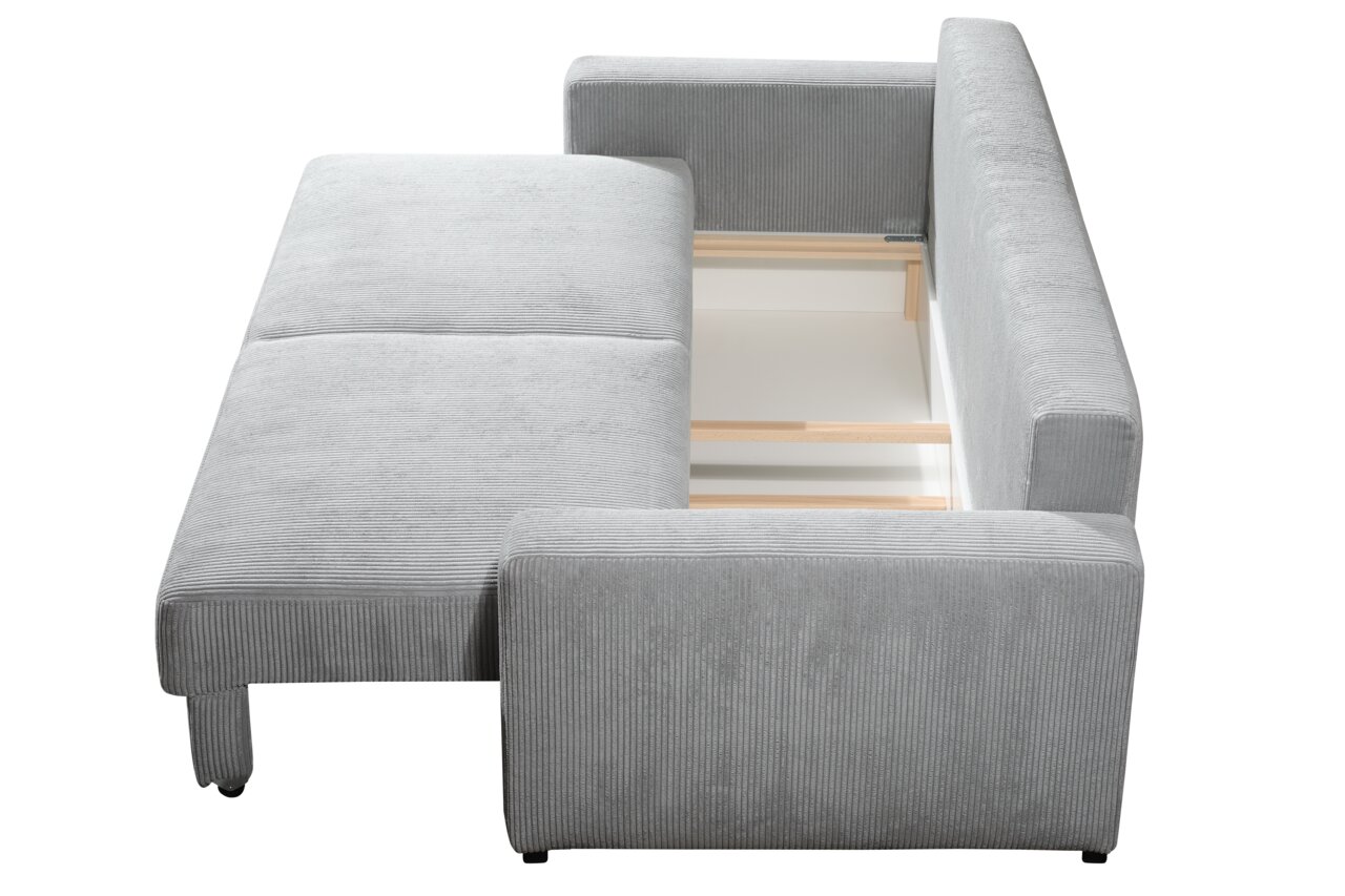 Graues Querschläfer-Sofa mit Stauraum, Ansicht von oben.