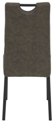 Rückansicht eines modernen Stuhls mit dunkelgrauem Bezug und schwarzen Metallbeinen.