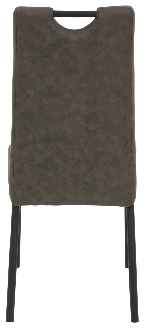 Rückansicht eines modernen Stuhls mit dunkelgrauem Bezug und schwarzen Metallbeinen.