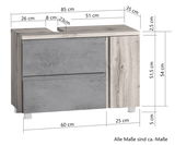 Waschbeckenunterschrank in Holzoptik mit grauen Fronten, linke Perspektive, Maße: 85 cm Breite, 54 cm Höhe, 35 cm Tiefe.