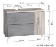 Waschbeckenunterschrank in Holzoptik mit grauen Fronten, linke Perspektive, Maße: 85 cm Breite, 54 cm Höhe, 35 cm Tiefe.