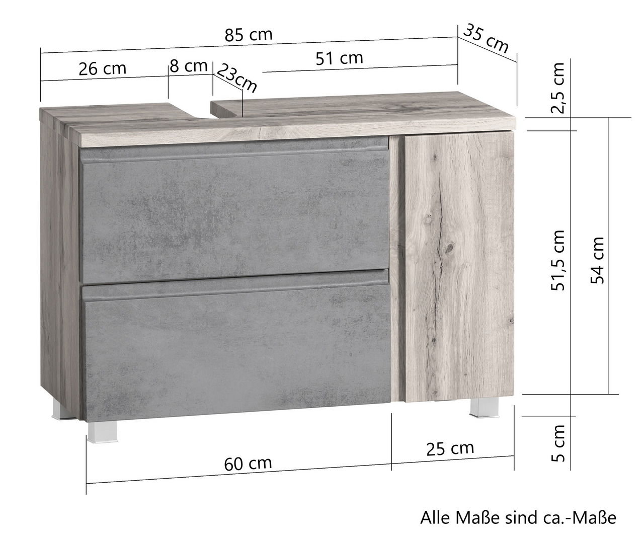 Waschbeckenunterschrank in Holzoptik mit grauen Fronten, linke Perspektive, Maße: 85 cm Breite, 54 cm Höhe, 35 cm Tiefe.
